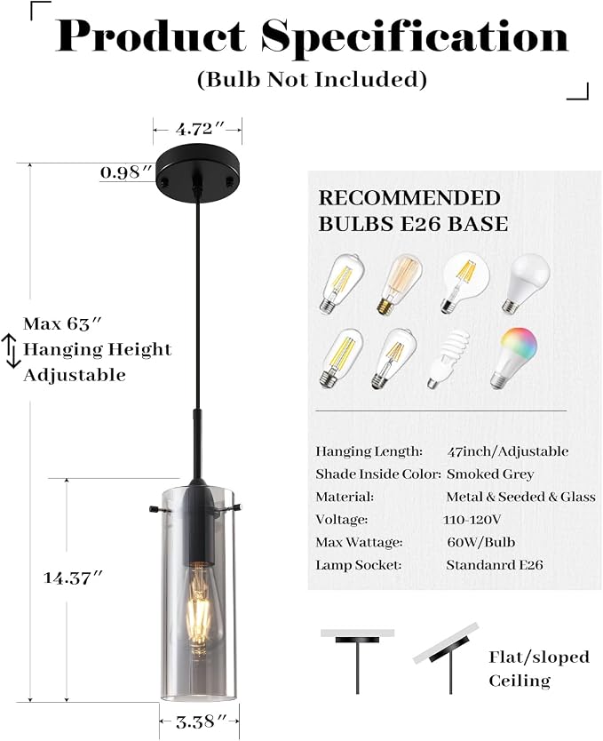 Smoke Gray Glass Pendant Lights Kitchen Island 3 Packs, Kitchen Pendant Lighting Over Island, Modern Hanging Pendant Light, Light Pendants for Kitchen Island, Living Room, Bathroom, Bedroom
