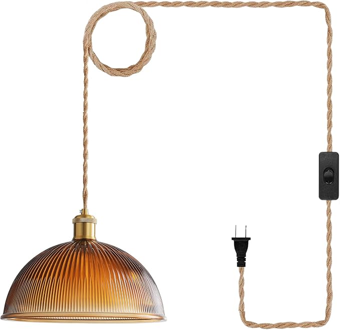XZHGCEE Plug in Pendant Light: Amber Hanging Lamp Plug in Pendant Lamp, Glass Pendant Lighting for Kitchen Island, Bedroom, Dining Room, Living Room, No Bulb