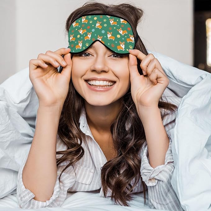 Funny Dog Sleep Mask Eye Mask Corgi Cute Puppies Cartoon Pet Animal Green Sleep Mask Light Blocking Adjustable Smooth Soft Eye Masks for Women Deep Rest Travel