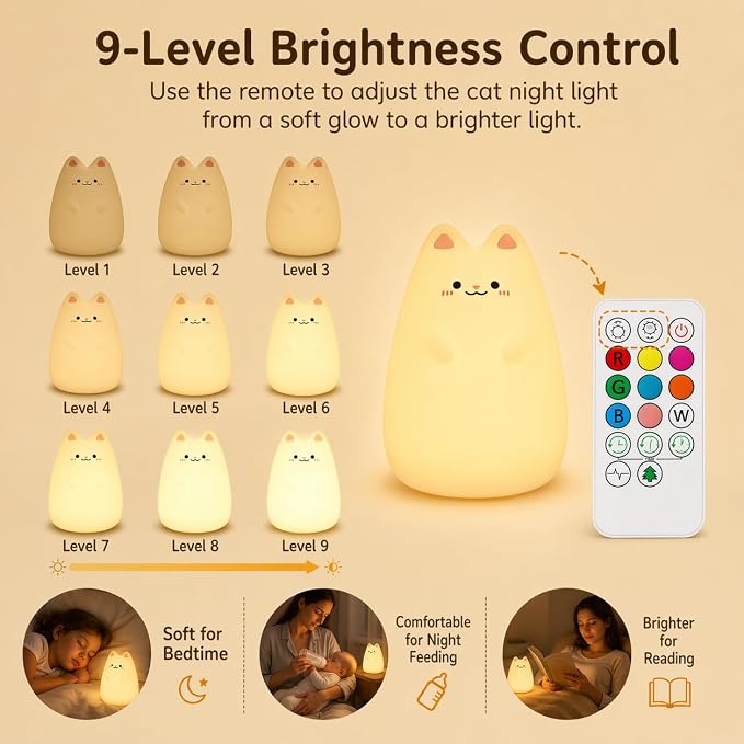 ShaArkMango Cat Night Light for Kids, Baby Nursery Night Lamp with Remote | Color-changing, Stepless Dimming, 1 Hour Timer for Toddler Dedroom, Rechargeable Nursery Nightlight for Breastfeeding