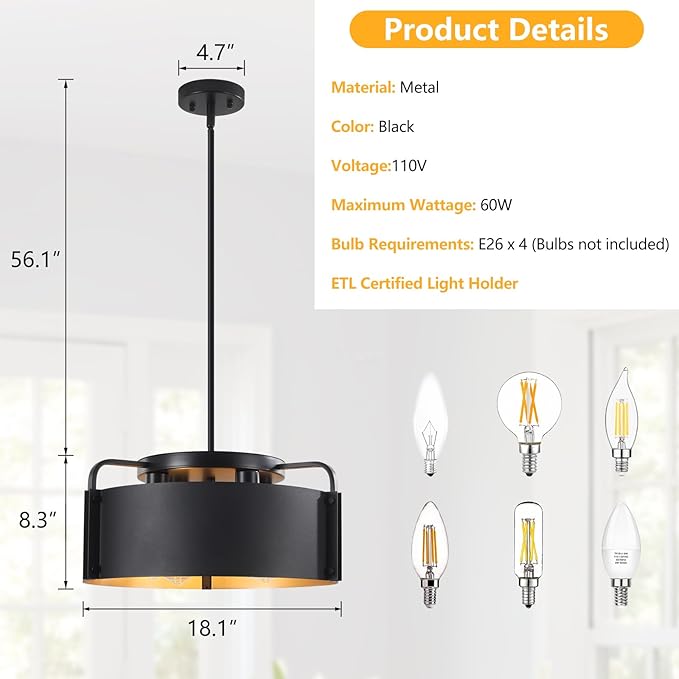 Chandeliers for Dining Room, Matte Black Industrial Drum Chandeliers 18" Large 4-Light Farmhouse Chandelier for Foyer Entryway Kitchen Hallway Bedroom, E26 Base(Not Included Bulb)
