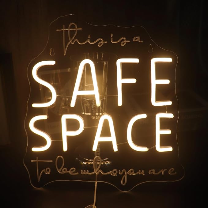 "This Is A Safe Space To Be Who You Are" Neon Sign, Positive Quotes Decorative Neon Lights for Home Room Wall Decor, Kids Room Wall Hanging Banners, Playroom Wall Decor Neon Light Sign(warm white)