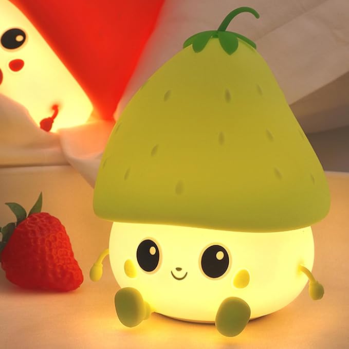 Green Strawberry Night Light, Cute Fruit Night Lamp for Kids Bedroom USB Rechargeable Lamps 2 Brightness Levels, Nursery Bedside Delay-off Nightlight for Baby Boys Girls Birthday Christmas