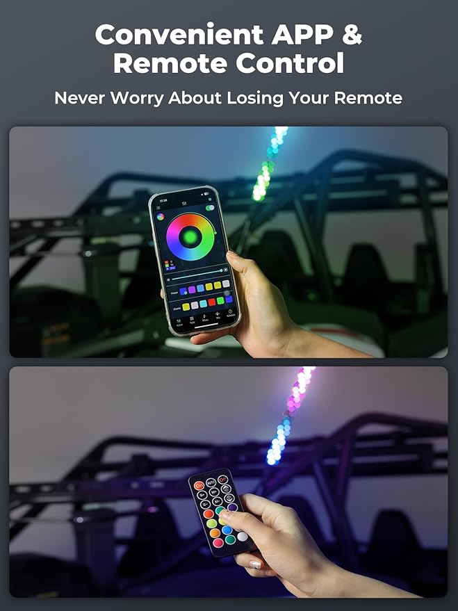 KEMIMOTO 2pc 5ft Bluetooth UTV Whip Lights, Turning Signal Function Compatible with Polaris RZR Can-Am Maverick X3, APP Control LED Whip Lights for Side by Side ATV Buggy Boat Offroad