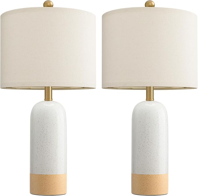 PoKat 24'' White Ceramic Table Lamps Set of 2, Farmhouse for Living Room | Modern Bedside Lamps for Bedroom, Two-Tones Design, Earthy Yellow Base, Splatter Pattern, Boho Lamps for Nightstand, Entryway