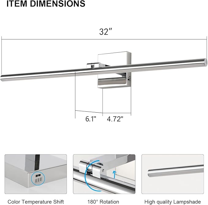 LED Bathroom Vanity Light, Modern Bathroom Light Fixture Over Mirror (3000K/4000K/6000K, Dimmable), Vanity Light Bar with Angle Adjustable, 32 Inch, Chrome
