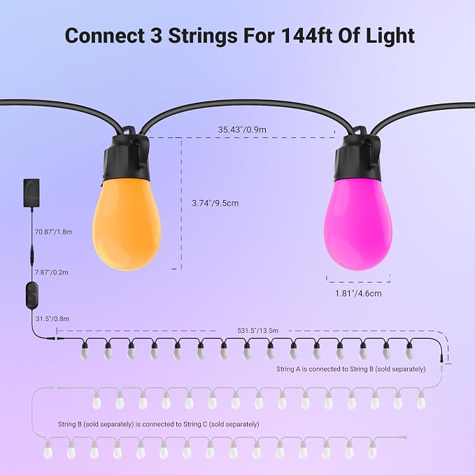 NEEWER 48ft Outdoor String Lights, App Control Smart AI RGBW Hanging, NR01 | Outside Patio Balcony Backyard Holiday Lighting, IP65 Waterproof, 15 LED Bulbs, 50+ Scenes, Compatible with Alexa Google