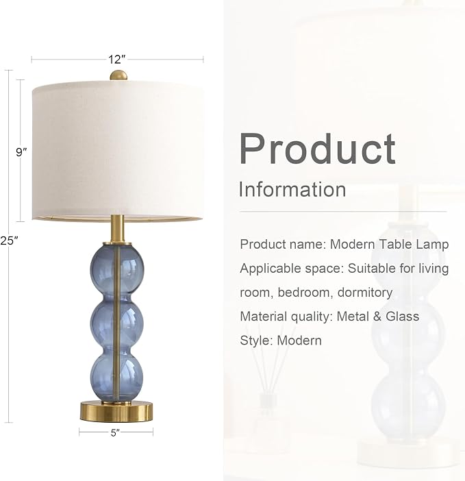 25" Blue Table Lamps for Living Room, Glass Modern Table Lamp Set of 2, USB Charging Ports, Linen Shade, Bedside Lamps for Bedroom, Nightstand, Side Table