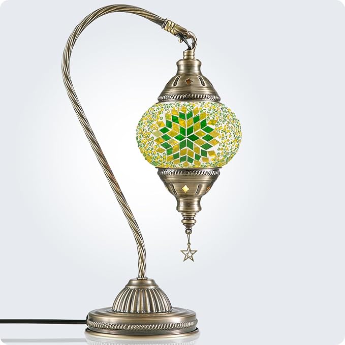Yarra-Decor Turkish Moroccan Lamp with Bronze Base 3 Color Options Handmade Swan Neck Mosaic Glass Bedside Lamps for Bedroom (LED Bulb Included)(Green2)