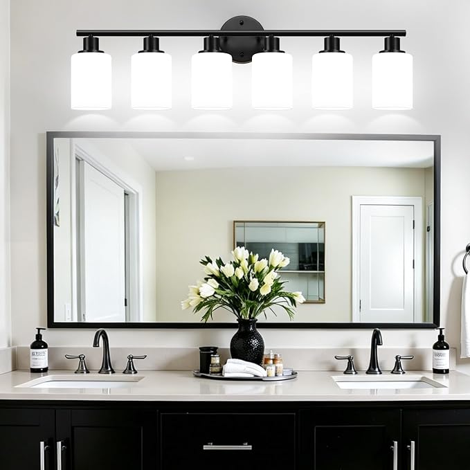 Zarbitta 6-Light Bathroom Light Fixtures, Black Modern Vanity Lights with Milky White Frosted Glass Shades, Bathroom Wall Lamp, for Mirror, Living Room, Kitchen, Hallway, Cabinet, Porch
