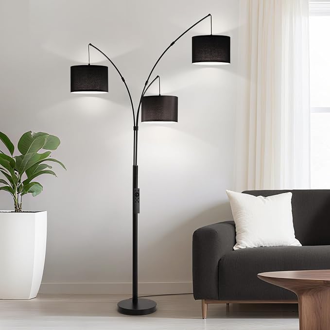 Floor lamp with Remote, 3 Light Arc Floor Lamps for Living Room, 2400LM Tall Standing Floor Lamps with Black Shades, 80" Large Floor Lamp for Bedroom, Office