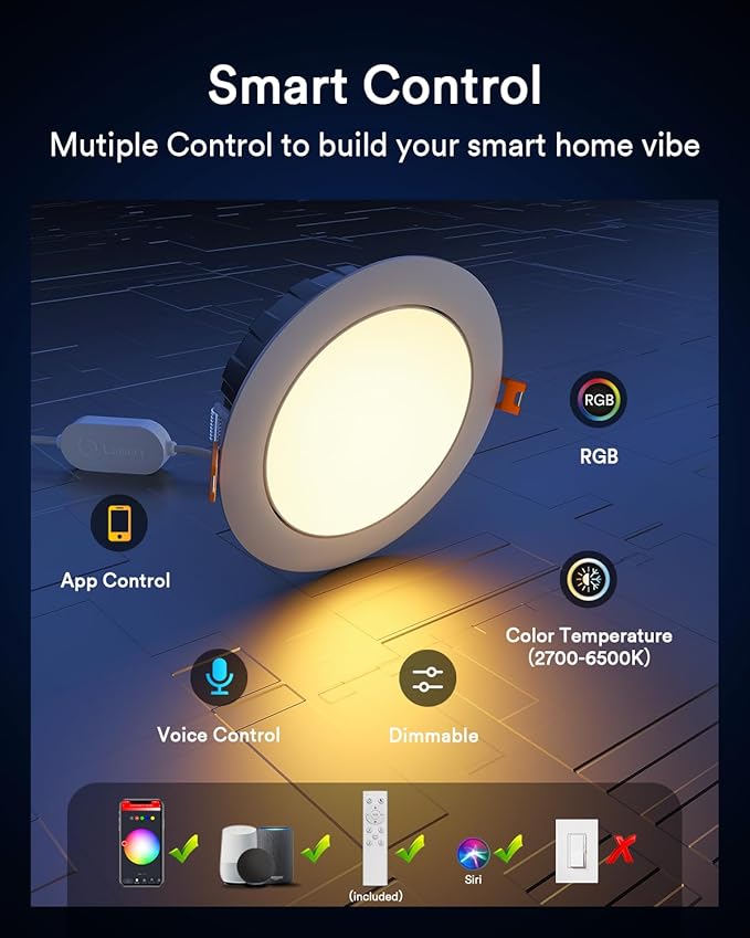 Lumary Smart Gimbal Recessed Lighting 6 Inch with Remote, RGBWW WiFi Ceiling Light Swivel 355° & Tilt 20°, Work with Alexa Google, Adjustable LED Can Lights Canless with J-Box, 1000lm CRI90, 4Pack