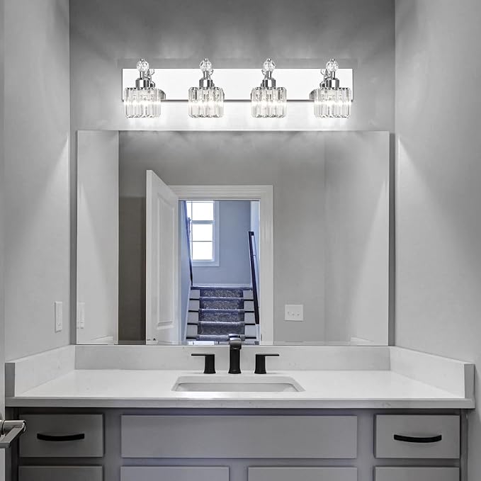 PRESDE Crystal 4 Light Bathroom Vanity Lights Chrom Vanity Light for Bathroom Over Mirror Modern Bath Wall Lighting