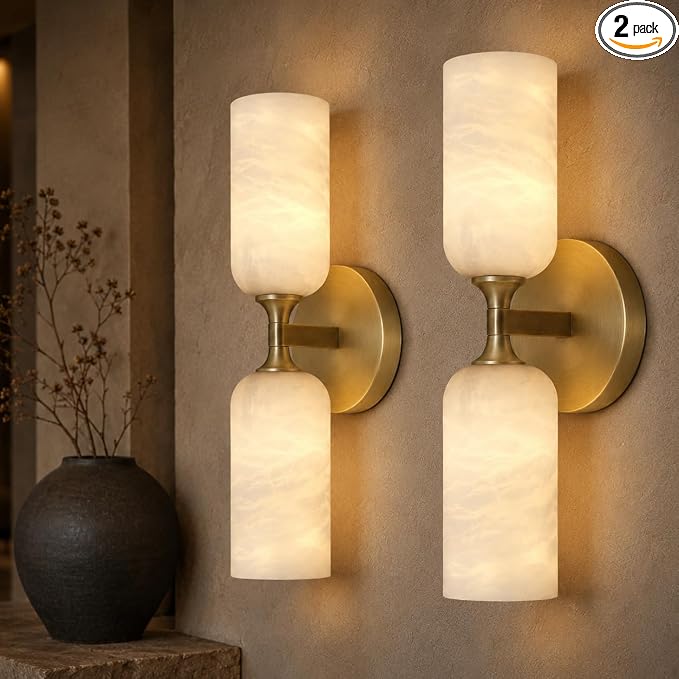 Gold Alabaster Wall Sconces Set of 2, 14in Spanish Natural Marble Sconce, Modern Stone Wall Light, Dimmable Alabaster Vanity Light Hardwired Brass Wall Lamp for Bathroom Mirror, Bedroom, Hallway