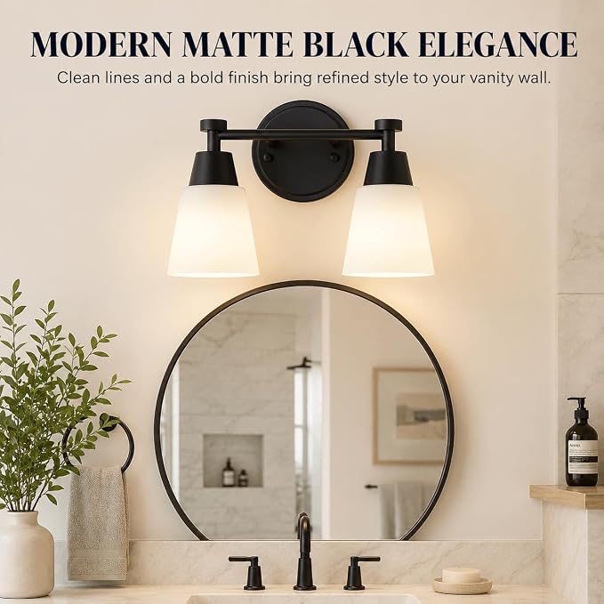 Bathroom Vanity Light, 2 Light Modern Matte Black Stainless Steel Over Mirror Vanity Light Fixture with Frosted Glass, Wall Sconces Lighting for Bedroom Living Room