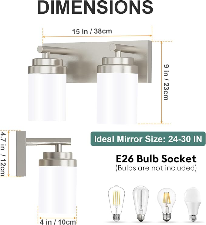 IZORRO Bathroom Vanity Light Fixture, 2-Light 15 Inch Brushed Nickel Bathroom Light Fixtures Over Mirror, with White Glass Shade, Modern Farmhouse Vanity Lights, Rustic Restroom Lighting Fixtures
