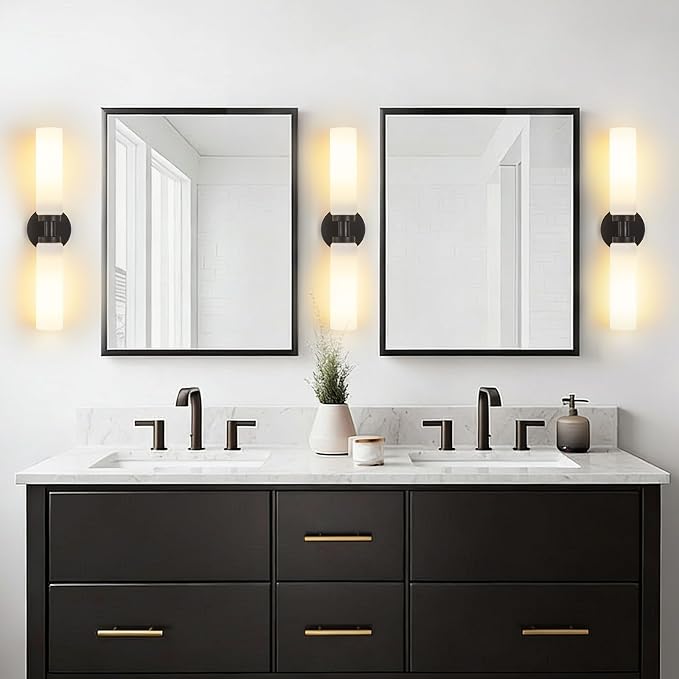Lanhall 2 Light Black Bathroom Light Fixture Over Mirror, Modern Farmhouse Bathroom Vanity Lights with Milky White Frosted Glass Shade, Wall Sconce for Bathroom Mirror Hallway Cabinet Bedroom Porch