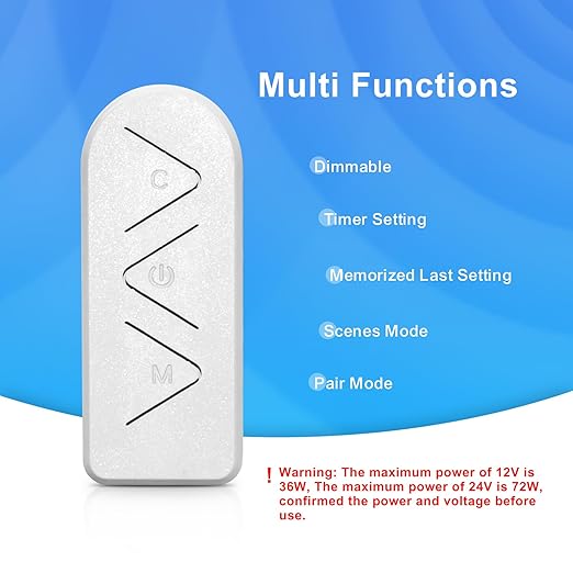 1-Way DC 12-24V Led Strip Light Dimmer Switch for Single Color with DC Plug,15-Key Wireless RF Remote and in-line Controller for 3528/2835/5050/COB LED Strip Lights, Timer Function