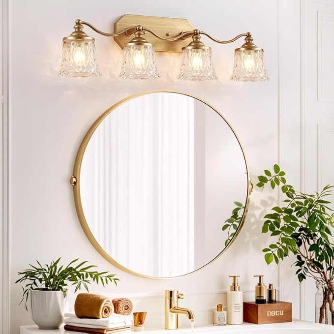 maesta Gold Bathroom Light Fixtures, 4 Light Bathroom Vanity Light, Matte Antique Gold Finish with Crystal Glass Shade, Gold Vintage Vanity Light for Bathroom, Living Room, Bedroom, Hallway