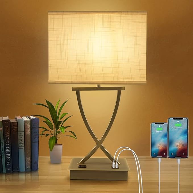 OYedis 3-Way Dimmable Touch Control Medium Table Lamp with Type C/USB Charging Port and 1 AC Outlet White Shade 21.38" Bedside Nightstand Lamp for Bedroom Living Room Office and Hotel Bulb Included