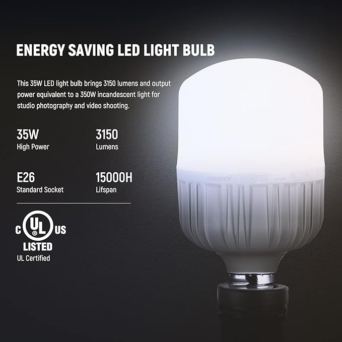 NEEWER E26 35W LED Light Bulbs, 2 Packs, 3150 Lumens/5700K/CRI 93+/15000h Lifespan, Bright Video Photography Lighting, Silent/No Flicker/Non Dimmable 350W Incandescent Equivalent