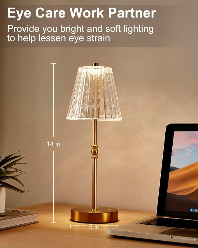 SAIWEYA Cordless Table Lamp Battery Operated Touch Dimming Crystal Lamp | 3 Colors Modes, Rechargeable LED Desk Lamp Night Light for Bedroom, Kitchen, Bar, Office