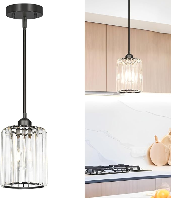 Black Kitchen Pendant Lights Over Island with Adjustable Rods - Crystal Pendant Lighting Fixtures for Sloped Ceiling, Ideal Over Dining Table or Bar, E26 Bulb Compatible, No Electrician Needed