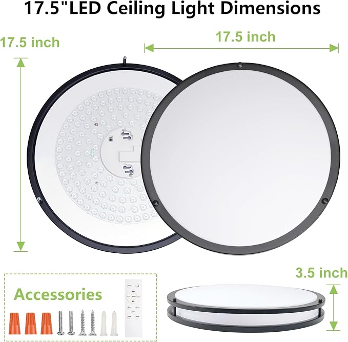 Flush Mount Ceiling Light - 2 Pack 60W 3000K/3500K/4000K/5000K/6000K Dimmable Led Ceiling Light Fixture for Kitchen Hallway Bedroom Bathroom (2, Black, 17.5 Inch)
