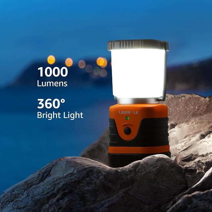 Lepro 1000LM LED Camping Lantern Rechargeable, 4400mAh Orange Tent Light with 4 Light Modes, Waterproof Lantern Flashlight for Hurricane Emergency, Camping Essentials, USB Cable Included
