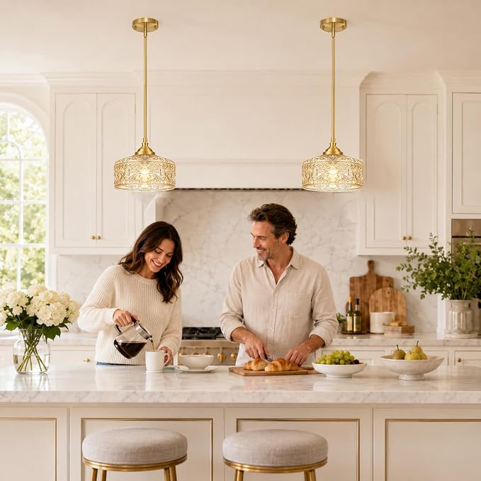 Brushed Gold Vintage Pendant Light Amber Glass Island Lights for Kitchen | Height adjustable hanging light fixture kitchen, 90-degree swivel, 2-in-1 ceiling light and pendant light, E26 bulb base