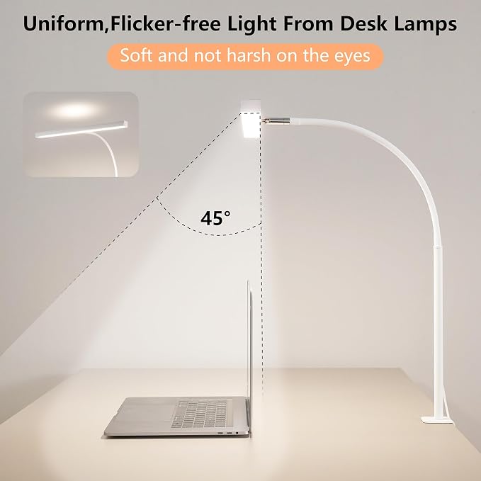 LED Desk Lamp for Office Home, Adjustable Flexible Eye-Caring Desk Light with,5 Modes 10 Brightness Adjustment, USB Adapter Desk Lamp with Clamp-T-W