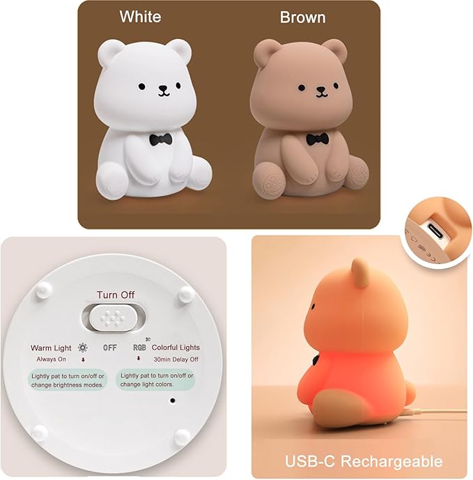 Bear Night Lamp- 30min Auto-off Kids Toddler Nursery Bedside Nightlight, 3 Brightness Modes 6 Light Colors Night Light for Bedroom, Birthday Valentine’s Day Gift for Her Girls Boys, Brown
