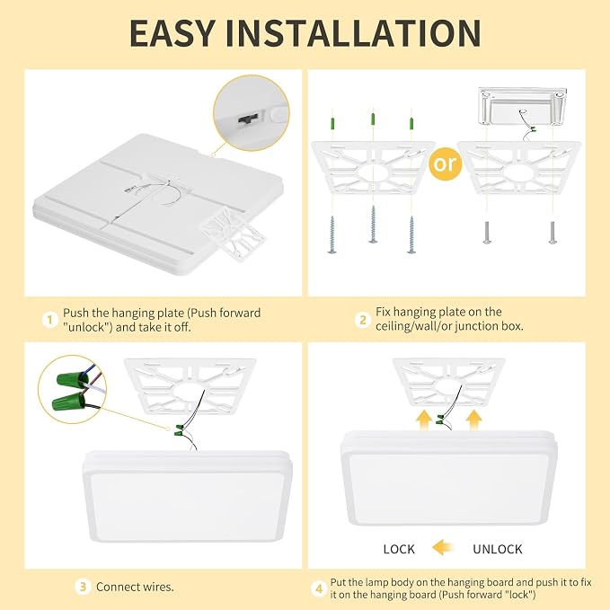 18 Inch LED Flush Mount Ceiling Light, White Ceiling Light Fixture with Side Light, 50W,4500LM, 2700K/4000K/6000K CCT Selectable, Square Lamp for Bathroom, Closet, Kitchen, Hallway, Bathroom