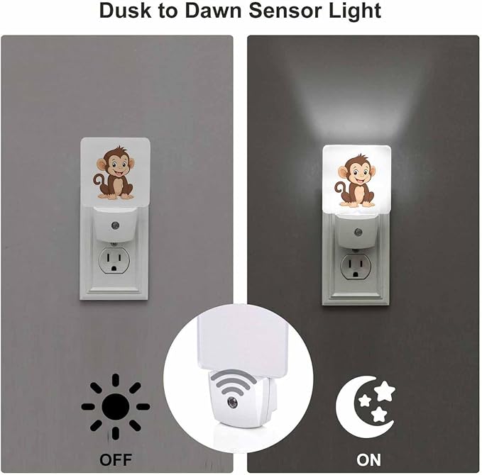 LED Night Light,Cute Cartoon Brown Smiling Monkey LED Night Light Plug into Wall with Dusk to Dawn Light Sensor White Energy Efficient Nightlight for Bedroom Bathroom Hallway Living Room Kitchen