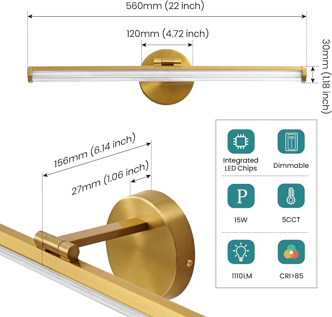 KAISITE Bathroom Light Fixture Over Mirror - Gold Vanity Light Fixture 15W 5CCT Angle Adjustable 22 Inch LED Dimmable Modern Vanity Light Bar for Bedroom Living Room Bathroom