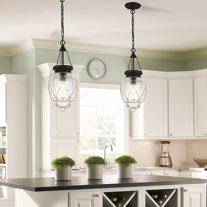 Vintage Pendant Lights Kitchen Island, Black Kitchen Pendant Lighting Over Island, Bathroom Pendant Light With 7.9in Glass Shade, Farmhouse Sink Light For Closet Pantry Entryway, Height Adjustable