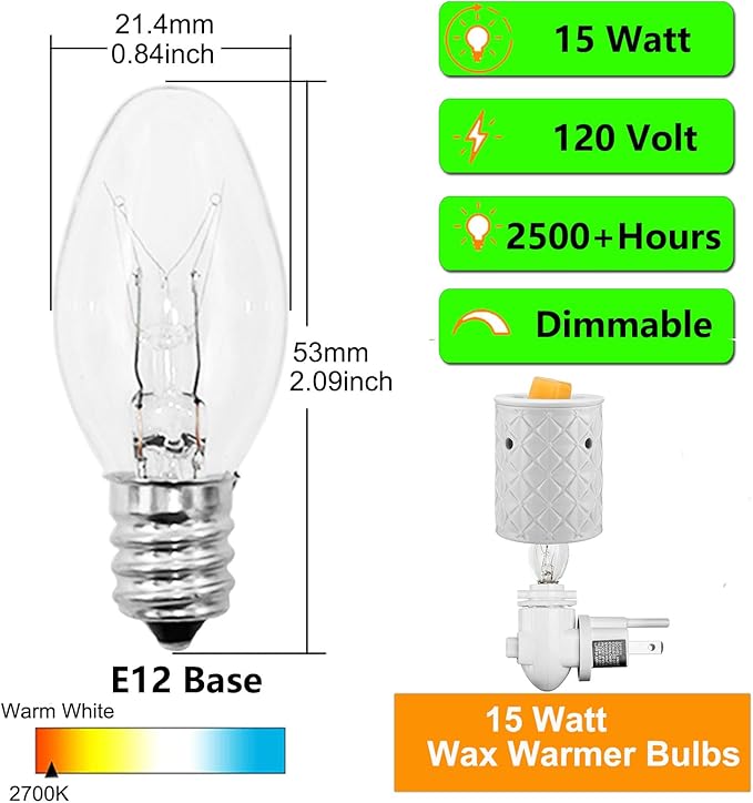 Scentsy Light Bulbs -15 Watt Light Bulbs for Scentsy Wax Warmer,Candle Warmer Lamp,Plug in Wax Diffuser- 120V C7 Replacement Bulbs for Night Light,Rock Salt Lamp Bulbs - Dimmable - Warm White,15 Pack