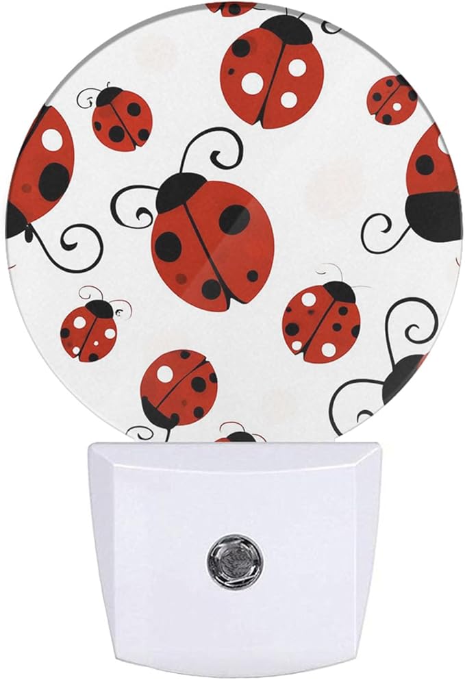 Plug-in Playful Ladybug Pattern Night Light Red Ladybugs with Polka Dots Night Lights Plug into Wall with Auto on/Off Sensor, 0.5W LED Nightlight for Bedroom Bathroom Kitchen Hallway