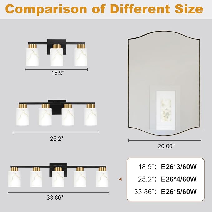 4-Light Bathroom Light Fixtures, Modern Vanity Lights, Black and Gold Metal Wall Lamp with White Marble Glass for Bathroom, Mirror, Living Room, Bedroom, Cabinet, Porch, Hallway, E26 Base
