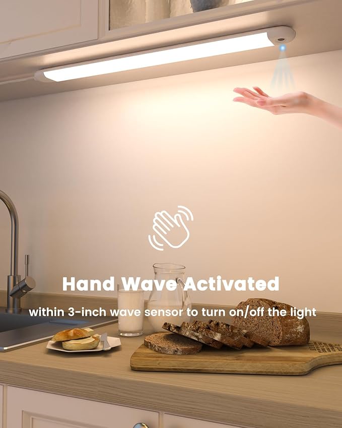 MYPLUS 24" Under Cabinet Lighting, Hand Wave Sensor Under Counter Lights for Kitchen, 600LM Bright LED, 5 Color Temps, Dimmable Under Cabinet Lights Plug in for Desk,Sink,Workbench