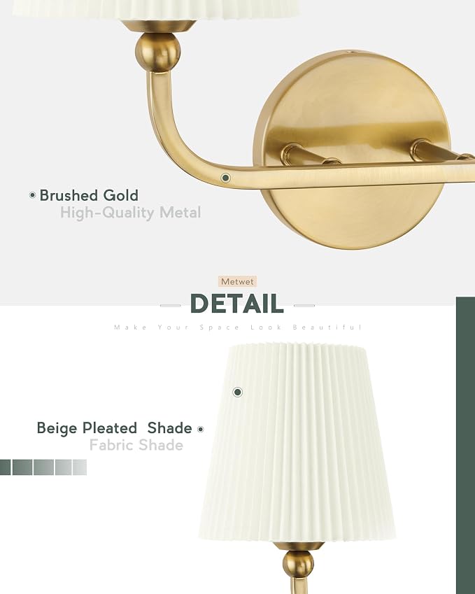 2-Light Gold Bathroom Vanity Light, Beige Pleated Fabric Shade | 17" 2-light gold double wall sconce with beige pleated fabric shades, E26 bulbs, hardwired, upward only, VL837-BG-Z-B-2