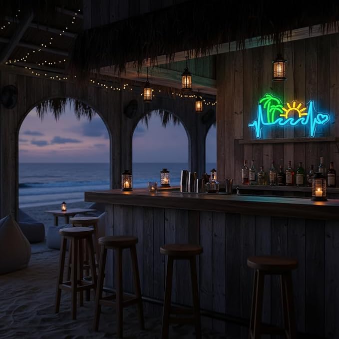 Sunset Neon Sign Dimmable Tropical Neon Light Tiki Bar Living Room Decor | Dimmable Ocean Wave and Palm Tree Theme Decor for Bedroom Patio Bar Party Beach House Tropical Style and Summer Gift Ideas