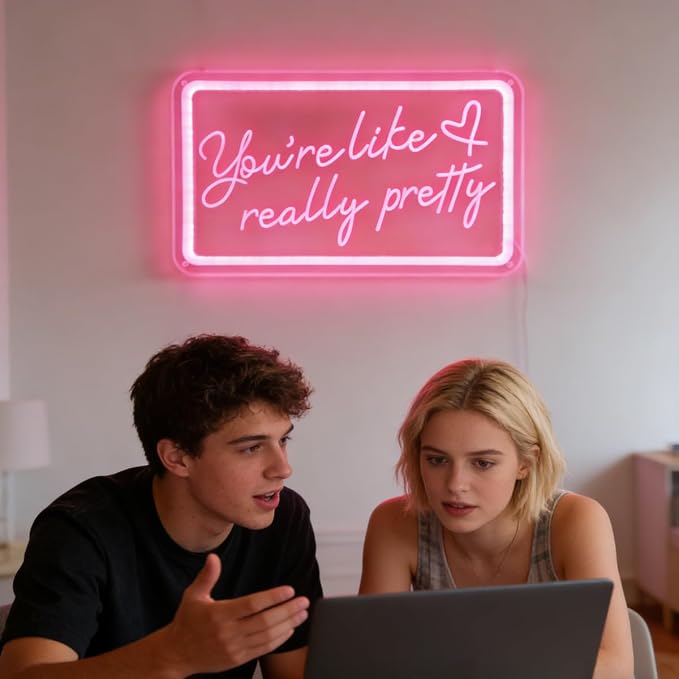 You like really pretty Neon Sign for bedroom wall,Pink led sign for wall decor with USB Power and Dimmer Switch,15 * 9 inch neon signs for room decor