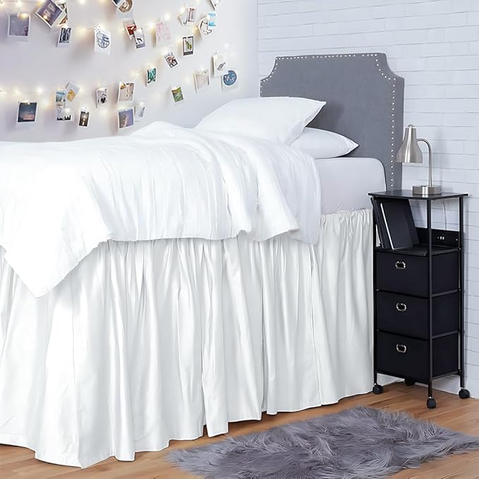 Shreem Linen Dorm Room Bed Skirt Twin XL 32 Inch Drop, 100% Microfiber Extra Long Bedskirt, White