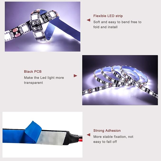 12V LED Strip Light White 6000K 16.4ft LED Light Strip Black PCB SMD 5050 IP65 Waterproof 300 LEDs Tape Rope Lights for Bedroom, Kitchen Decoration