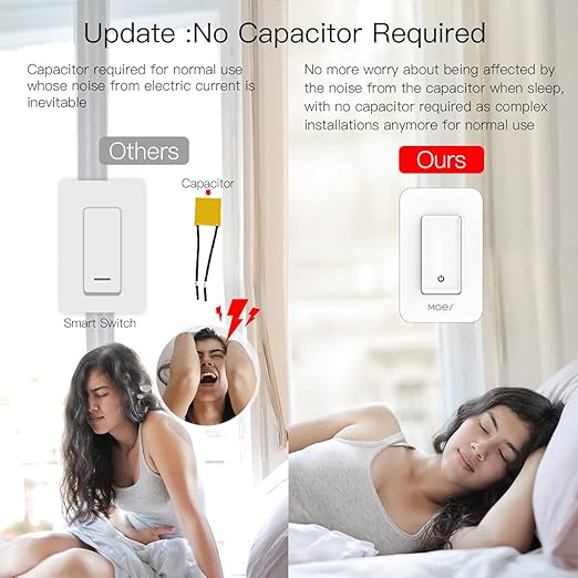 MOES WiFi Smart Light Switch No Neutral Wire, No Capacitor, No hub Required, 2nd Generation Single Live Wire Push Button, Tuya Smart Life App Remote Control Work with Alexa and Google Home, Minimum 7W