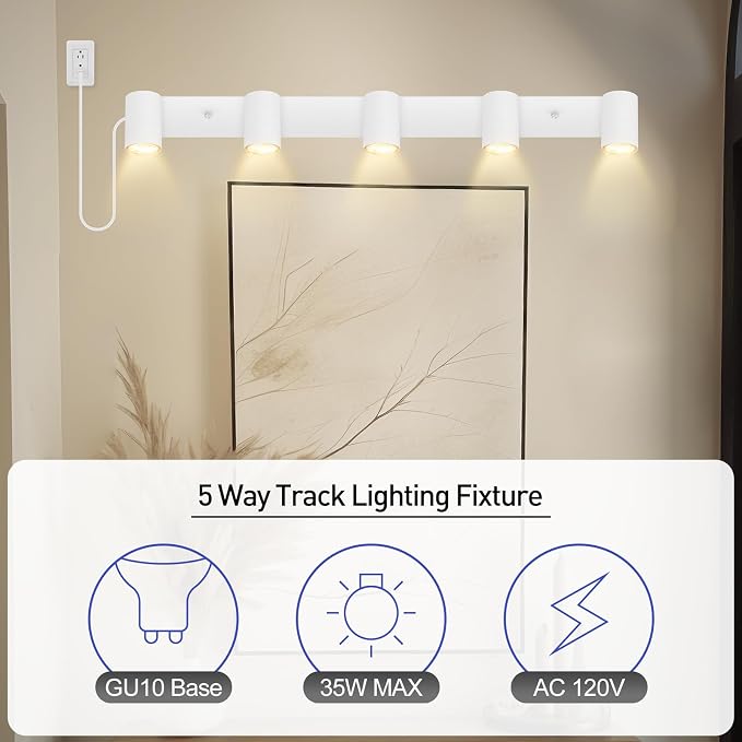 Plug in Track Lighting, LED Track Light Kit, White 5-Light Large Track Lights for Kitchen, 15 FT Cord,30" Large Ceiling Spotlight, Rotatable Wall Mount Light Head for Bedroom Hallway Living Room