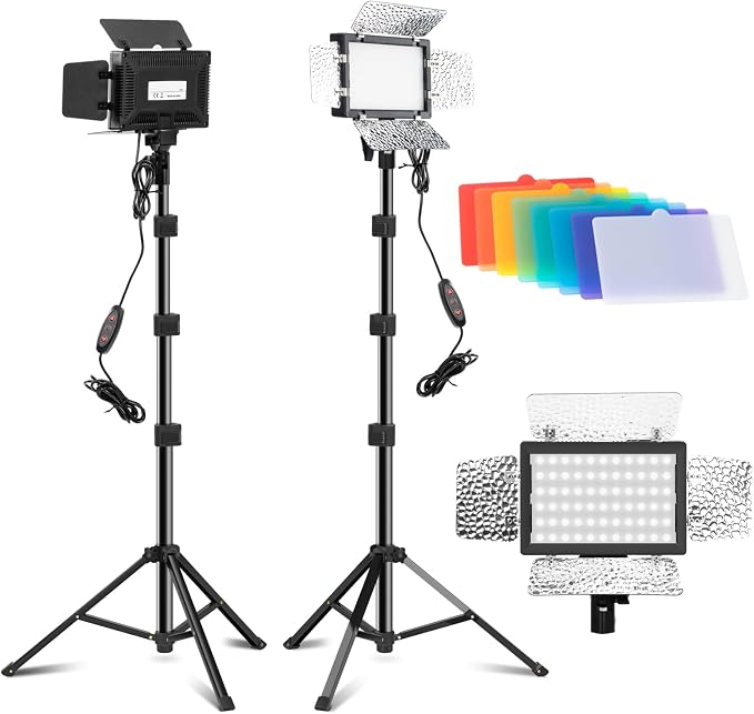 Jiang&Rong 2 Pack LED Video Lighting Kit -5600K Adjustable USB Studio Light | with Barndoor, 9 Colors, for Photography, Streaming, YouTube, TikTok, Film, Recording Studio, Camera Photo Light