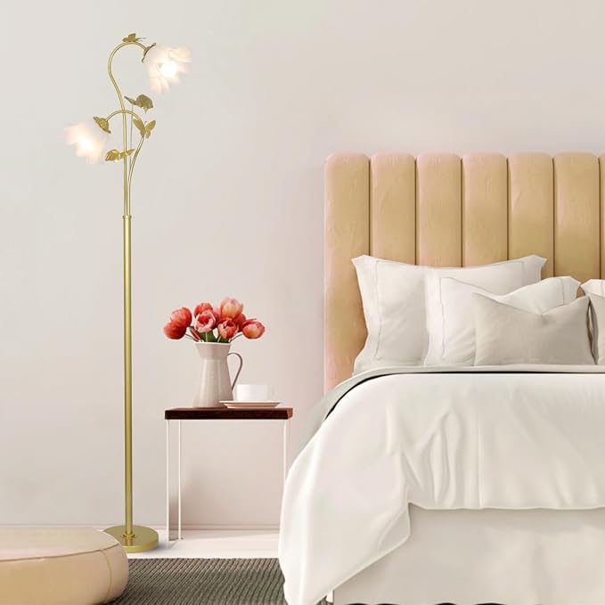 HMVPL Gold Floor Lamp for Living Room, Flower Standing Lamp with 2 LED 5W Blubs, Foot Switch, Floral Tall Lamp with Acrylic Shade, Antique Lotus Flower Floor Lamp for Living Room Office Reading