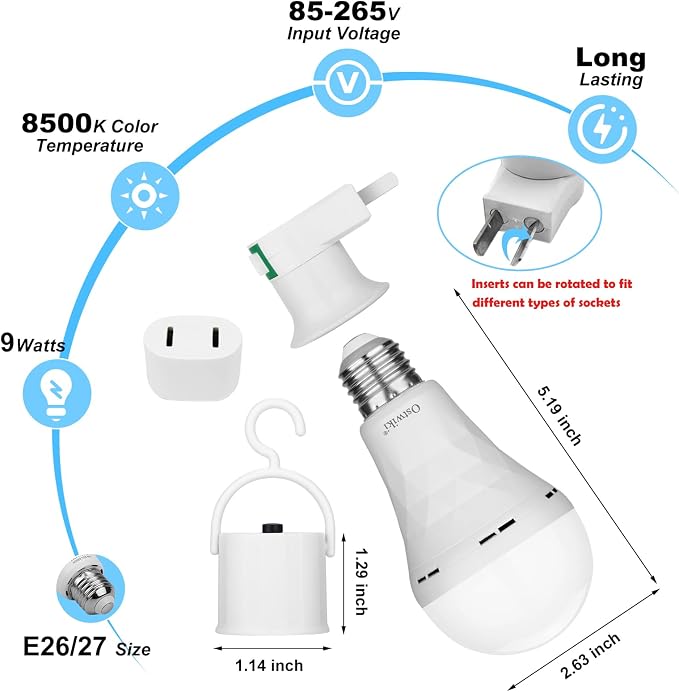 Ostwiki 6 Pack Rechargeable Emergency Light Bulbs Battery Operated Bulb | for Power Outage 9W E26 8500K Daylight Self-Charging LED Lamps for Home Hurricane Preparedness Camping